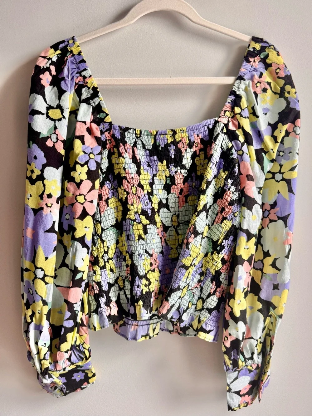 Free People Ariana Floral Smocked Square-Neck Top size Medium